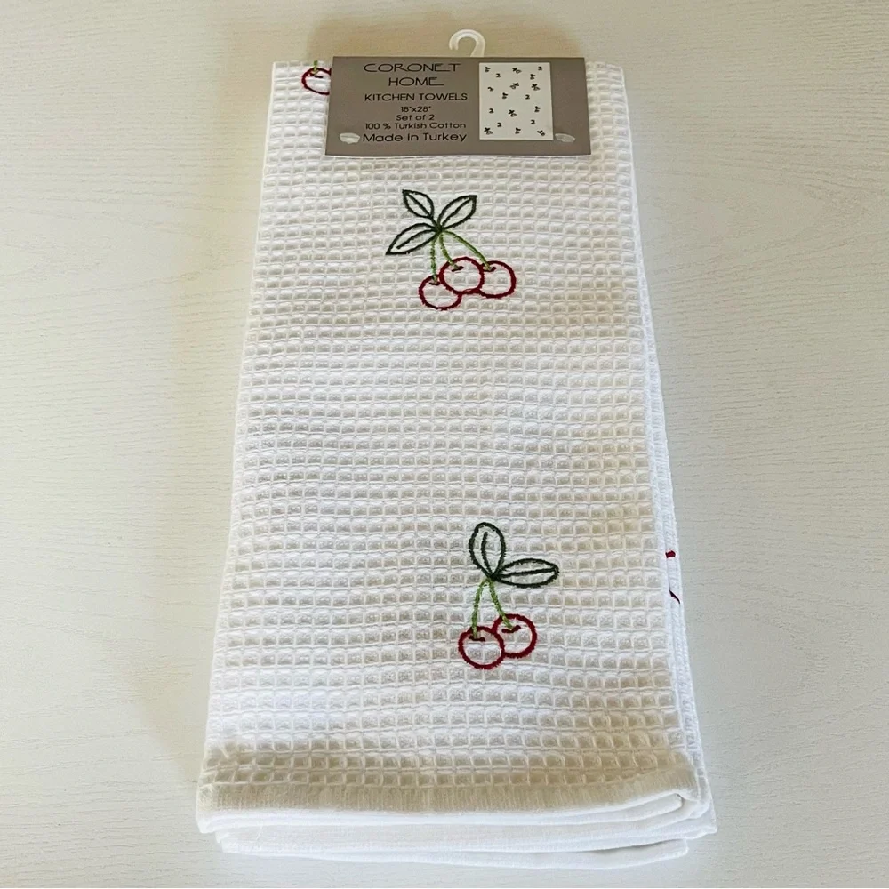 Coronet Home, White, Cherry Red Embroidered Kitchen Towels, Sz 18x28